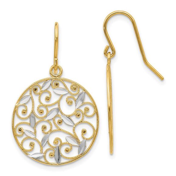 19mm Two Tone Filigree Circle Dangle Earrings in 14k Gold - Picture 1 of 5